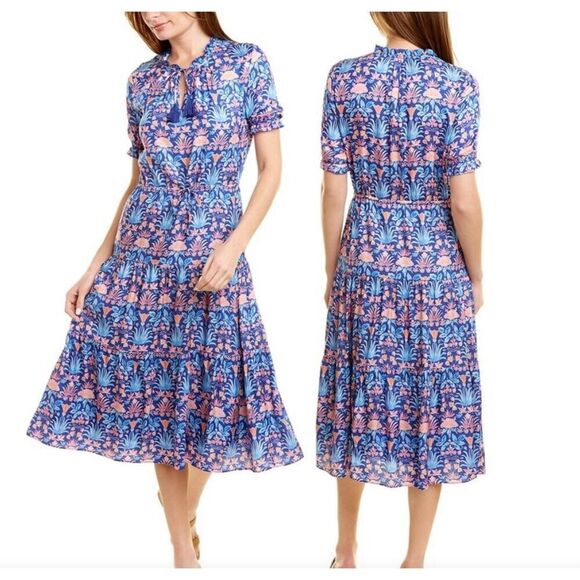 J. Mclaughlin Chessie Silk-Blend A-Line Tiered Skirt Print Dress Women’s Size S - Picture 1 of 9